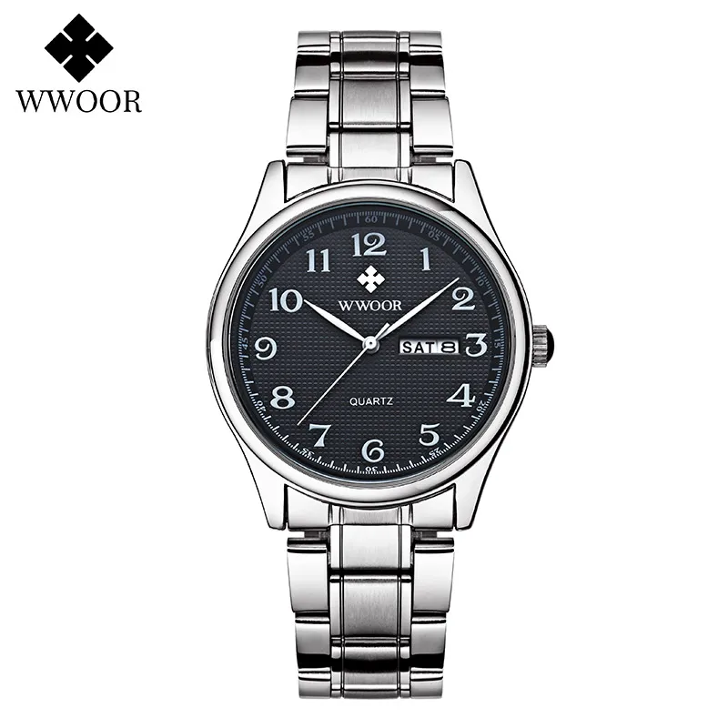 WWOOR парные часы, парные мужские часы от ведущего бренда, Роскошные Кварцевые часы для женщин, наручные часы, модные повседневные часы для влюбленных, подарочная коробка - Цвет: Silver Black Men