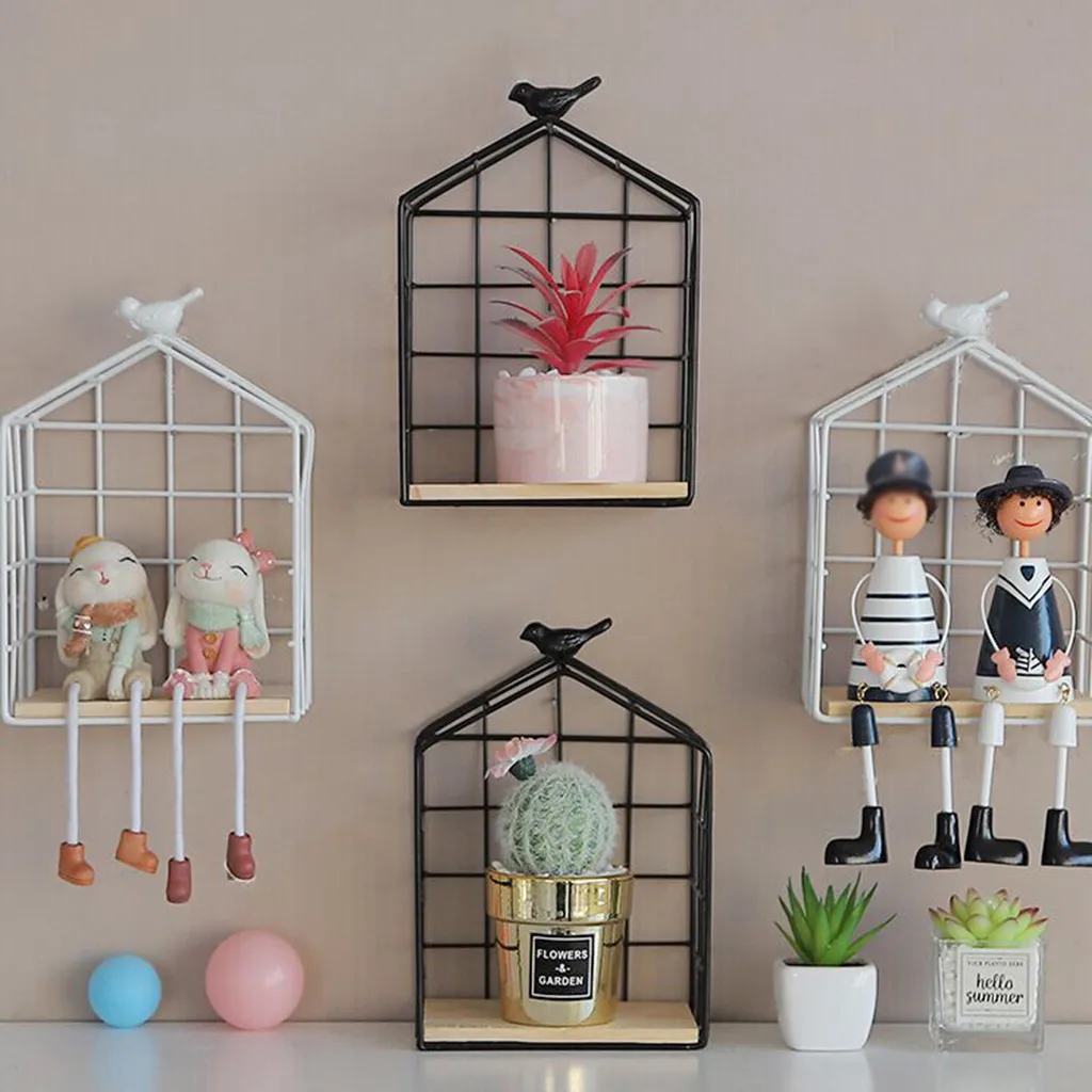 

Nordic Style Wrought Iron Art Wooden Shelf Wall Hanging Display storage Rack Housekeeping Organizers Decoration Ornament