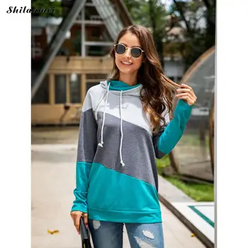 

2019 Autumn Sport Hoodies Women Long Sleeve Contrast Color Patchwork Hooded Pullovers Striped Hoody Sweatshirts Sudaderas Mujer