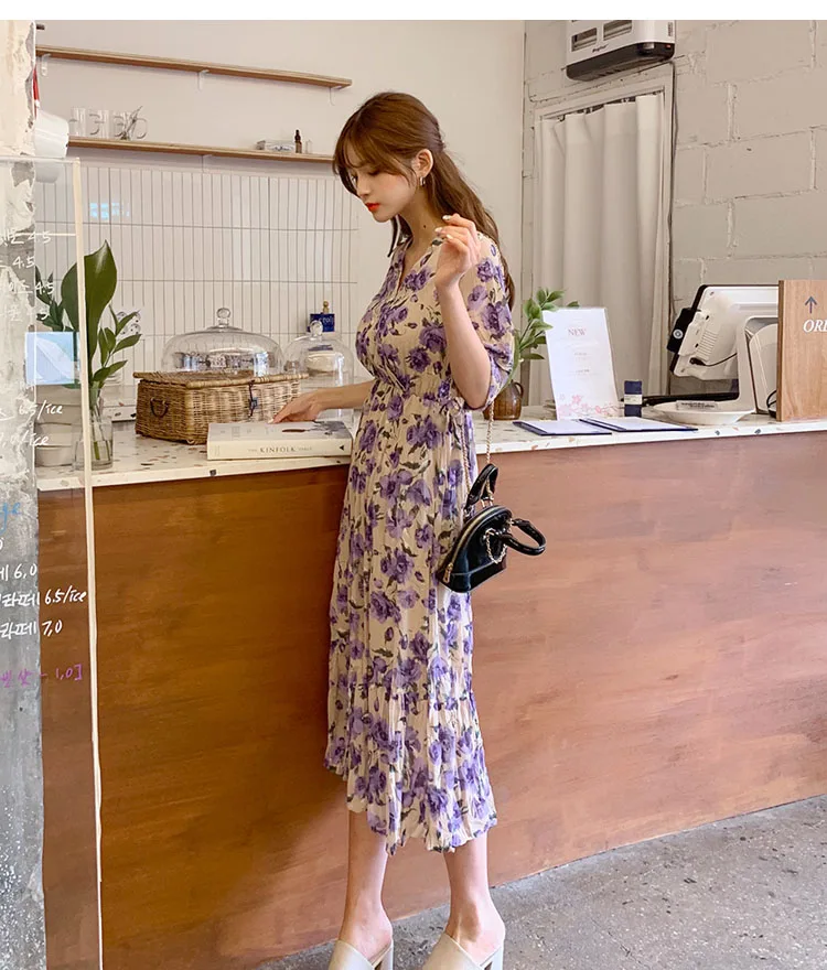 Летнее платье с рукавом три четверти и принтом Vestidos женское платье с v-образным вырезом и высокой талией до середины икры свободное повседневное праздничное платье