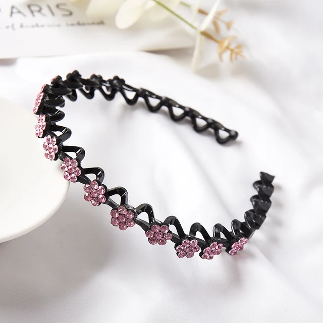Fashion Pearl Non-Slip Rhinestone Hairbands Elastic Flower Women Hair Hoop Bands Headband Bezel Girls Hair Accessories Headdress 1 pink