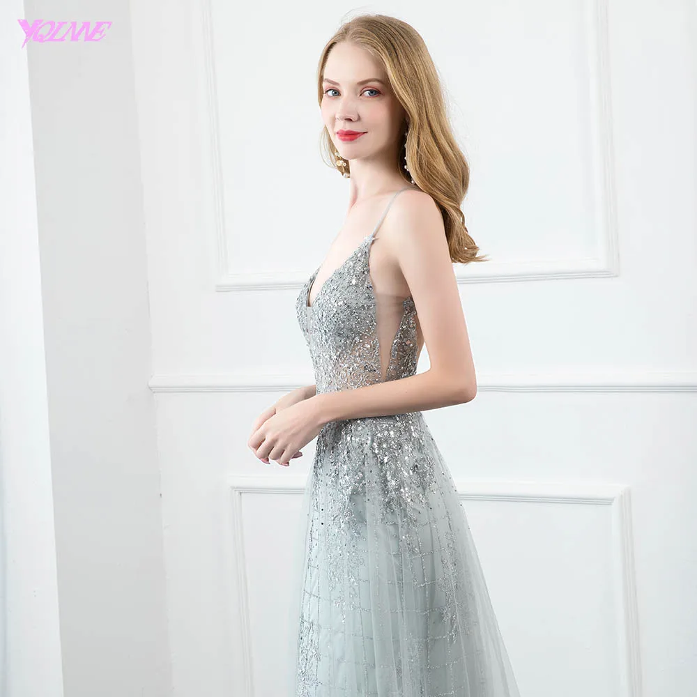 YQLNNE Sexy Silver Bling Evening Dresses Long Backless Crystal Beaded Tulle Evening Party Gown Sleeveless
