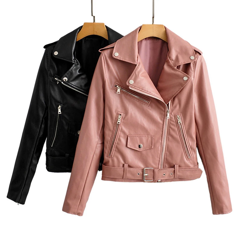 Pu Leather Bomber Jacket With Belt Women Irregular Neck Solid Outwear Zipper Coat Winter Pockets Long Sleeve Female Short Jacket