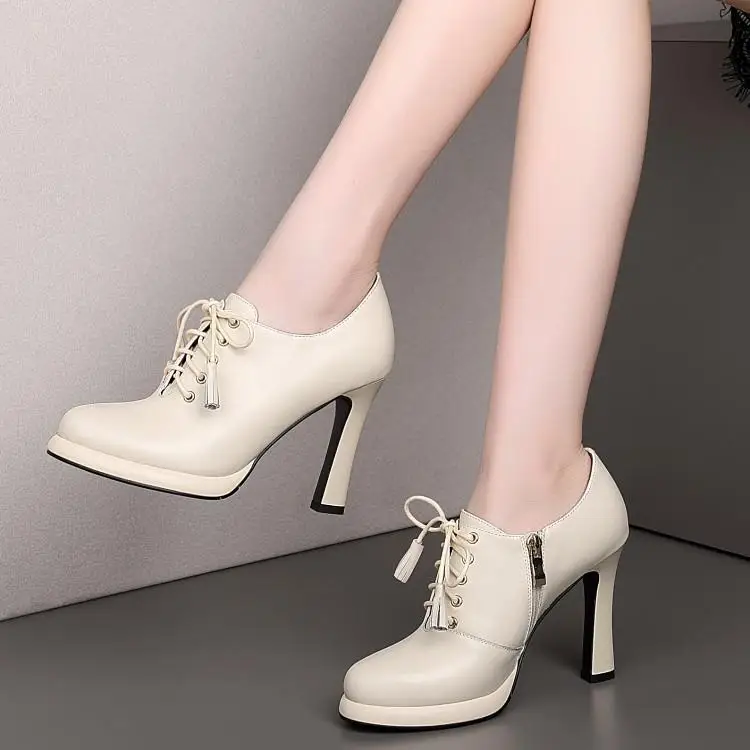 

Deep single shoe thick heel spring and autumn waterproof platform women's shoes tie high heels head layer cowhide 10cm