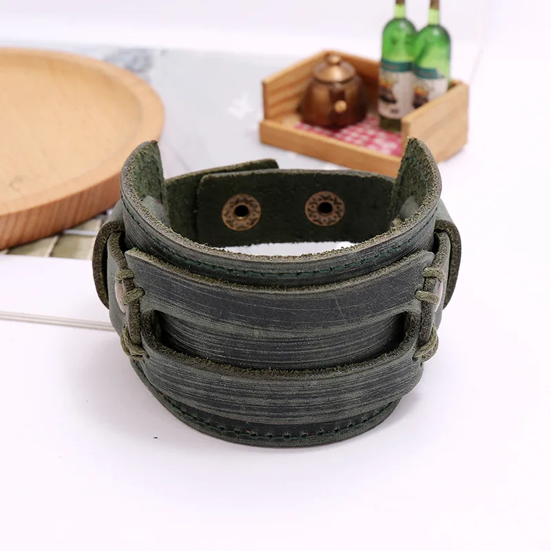 Men Leather Bracelet Wide Brown Vintage Punk