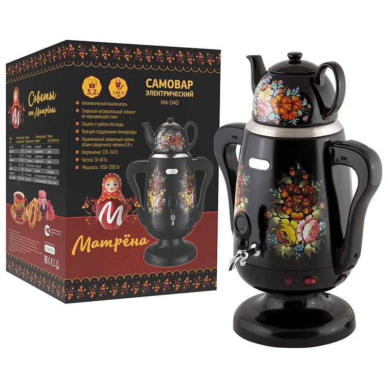 Самовар электрический МАТРЁНА МА-040 (3 2 л) металл черный с рисунком + керам.