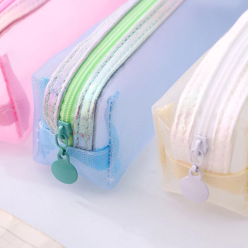 Color Mesh Pencil Case Cute Transparent High Capacity Pencil Pouch Student Stationery Storage Bag for Kids Gifts School Supplies