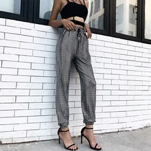 Linglewei New spring and Autumn Women's Trousers Gilding Hip hop trousers Square lattice Bandage trousers