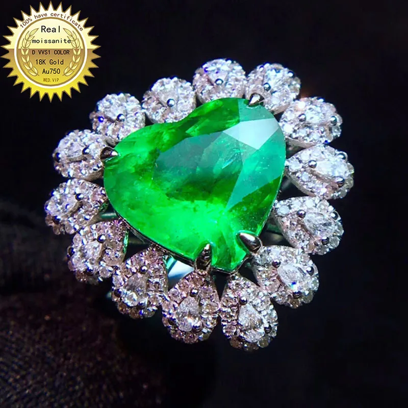 10K Gold ring Lab Created 5ct Emerald and Moissanite Diamond Ring With