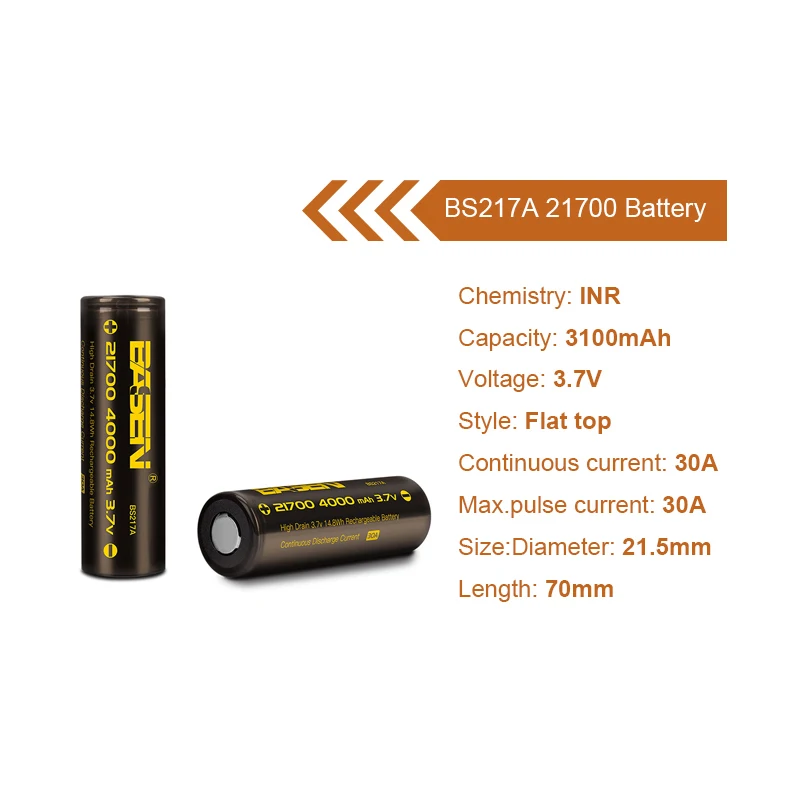 BASEN BS217A 21700 перезаряжаемая батарея 3,7 V 4000mAh Высокая емкость 21700-30A литиевая батарея для светодиодного фонарика Новинка