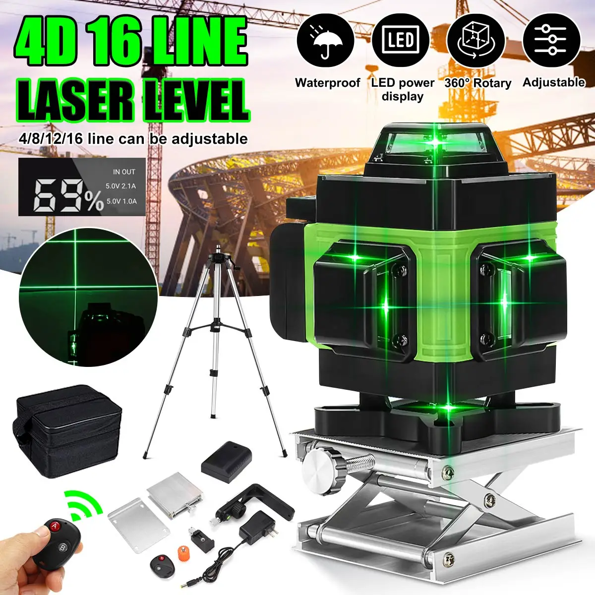 4D 16 Lines Green Laser Level 360° Auto Self Leveling Rotary Cross Measure Tool 