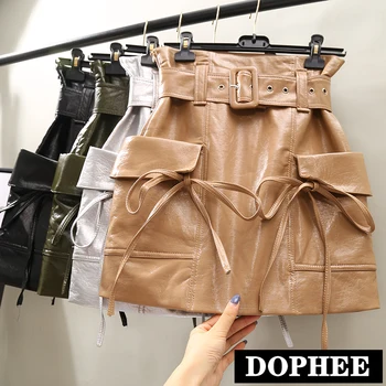 

2019 Autumn and Winter New Fashion High Waist Bud Skirt Two Pockets Women Short Leather Skirts Lady's Pu Skirt