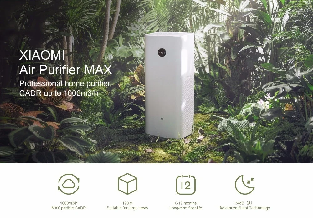 Xiaomi Mi Air Purifier MAX Intelligent Oxygen Bar Clear Formaldehyde Smog Dust with Triple-layer Filter APP Remote Control for Household Indoor Office Bedroom