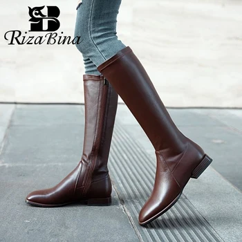 

RIZABINA High Quality Real Leather Shoes Knee High Boots Square Toe Zipper Ridding Boots Cool Shoes Solid Footwear Size 34-40