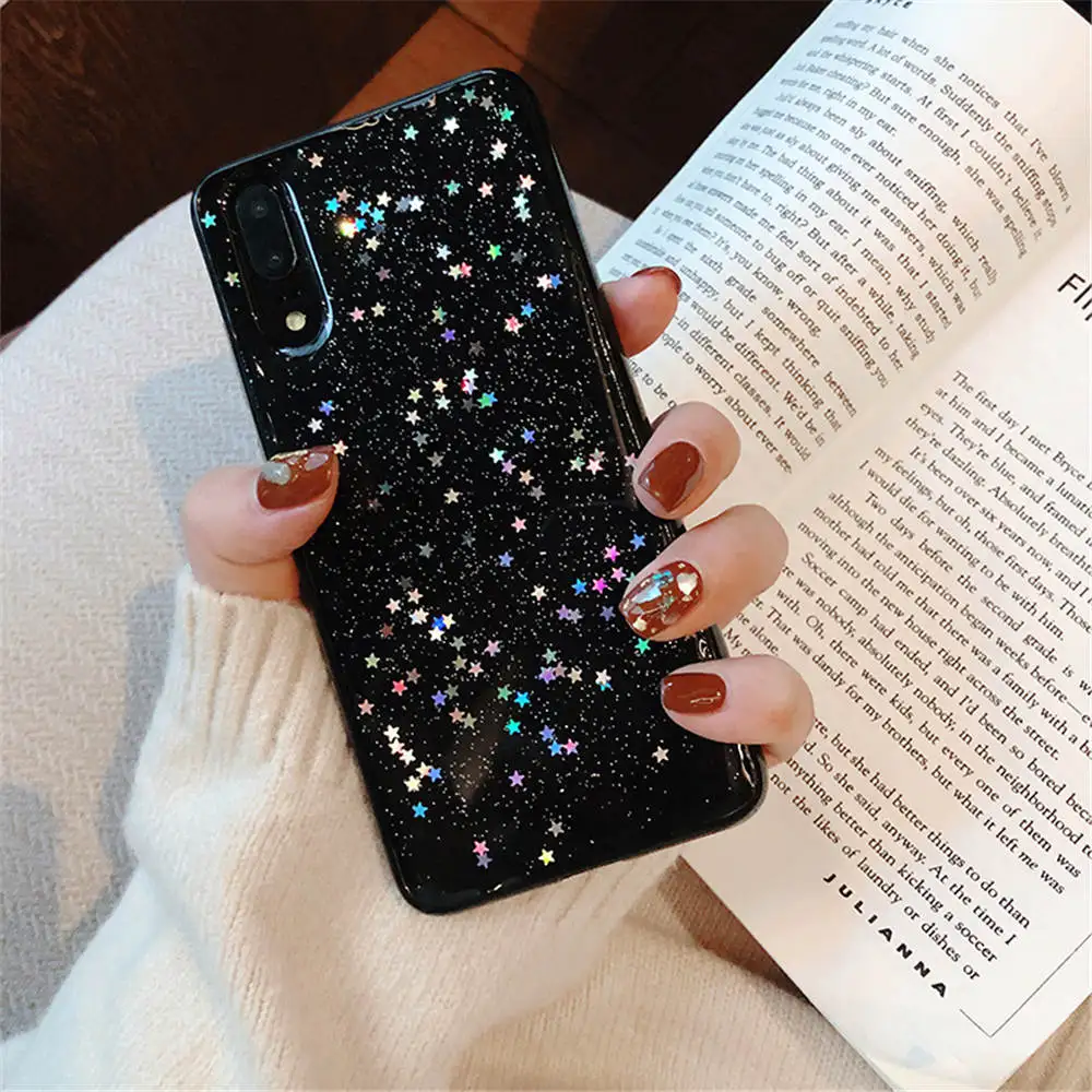 Прозрачные блестящие чехлы со звездами для huawei P20 P30 Pro Honor 9 10 Lite V20 mate 20 Nova 3i 3 2S P Smart P10 Plus эпоксидный блестящий чехол - Цвет: Black