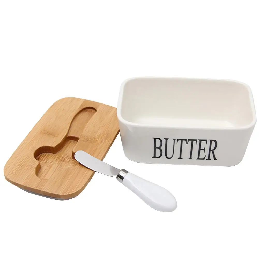 Quail 6 Inch Nordic Butter Sealing Box,Ceramic Butter Plate,White,with Wood Lid And Knife,Cheese Storage Tray Butter Dish Kitche