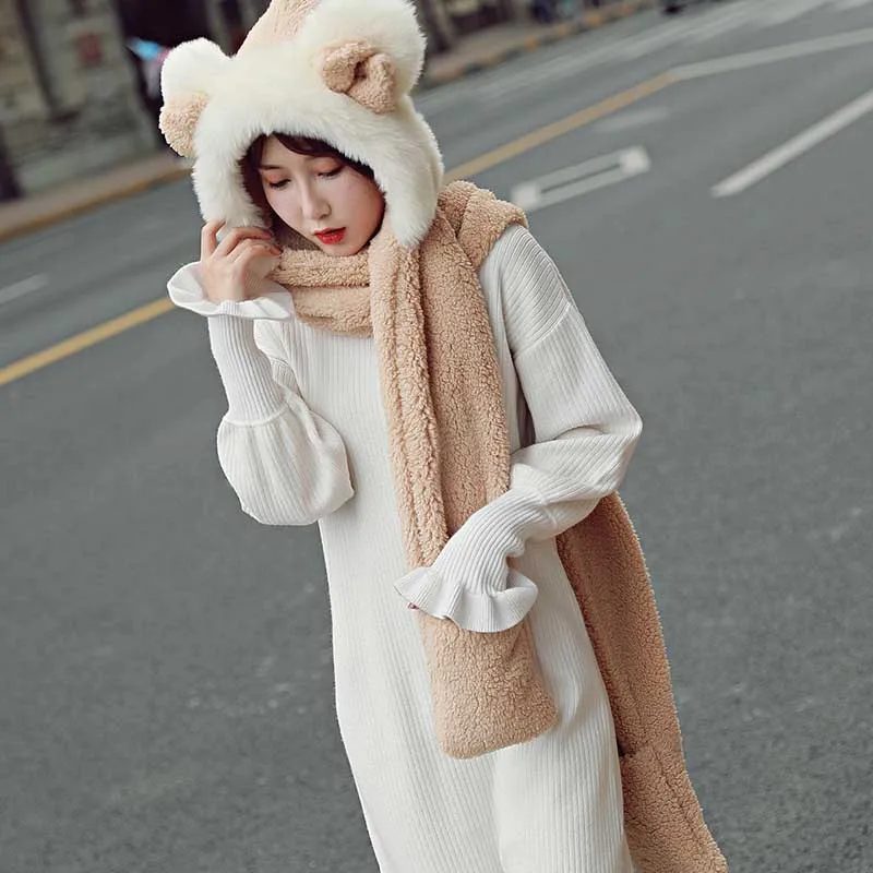 beige-adult 3 в 1 зимний теплый шарф для родителей и ребенка с шапкой, перчатки, милые шарфы с капюшоном, милые детские шарфы с капюшоном для взрослых девочек и мальчиков - Цвет: beige-adult