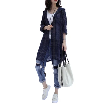 

COIGARSAM Plaid Shirt Womens tops Spring Summer Print Hooded Full Sleeve Women shirts White Dark Blue 1998