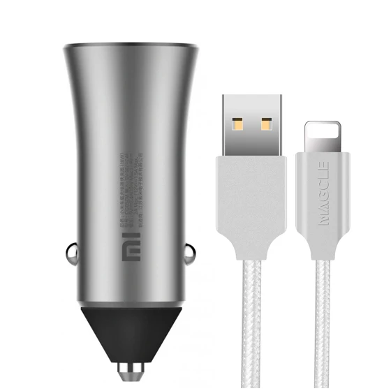 Новейшая модель; Xiaomi Mi автомобиля Зарядное устройство 18 Вт Dual USB Quick Charge 3,0 5 V/2.4A 9В/2A 12 V/1.5A Быстрая зарядка 3,0 Edition+ 2A Magcle кабель - Цвет: with IOS cable