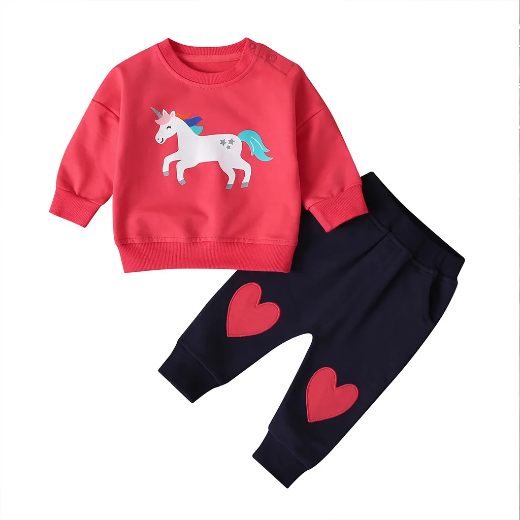 Oeak/комплект одежды из 2 предметов для новорожденных детей 0-24 месяцев, одежда с героями мультфильмов для маленьких девочек, свитер с длинными рукавами+ штаны, милая детская одежда - Цвет: Красный