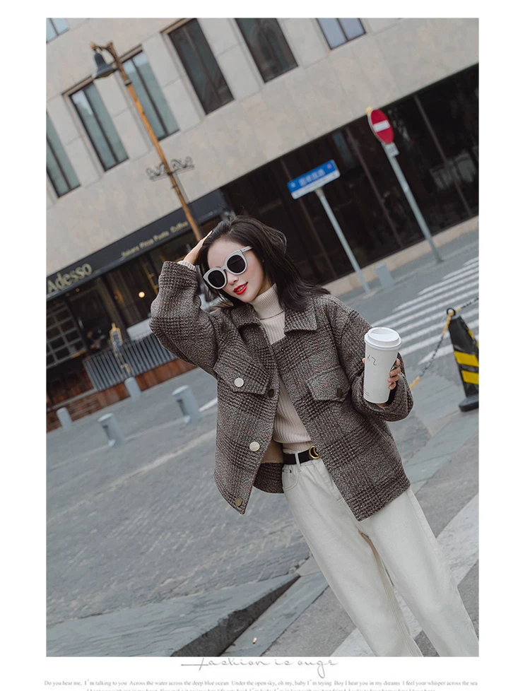 Pocket Trend Joint Elegant Fashion Casual Single Row Multi-buckle Winter Plaid Woolen Coat