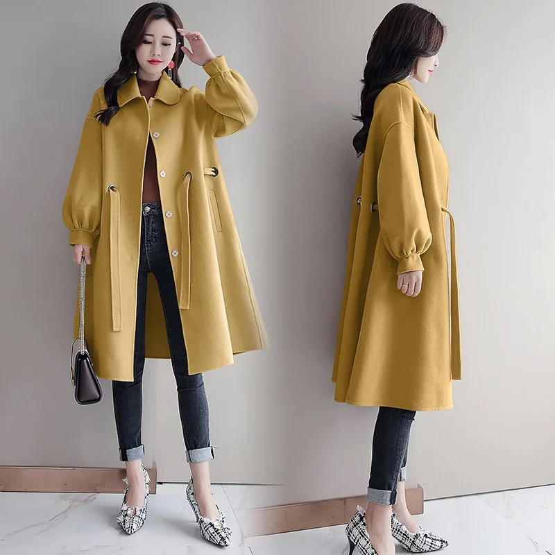 Long Elegant Wool Blends Coat Women Winter Casual Turndown Lace-Up Woolen Coat Korean Vogue Lantern Sleeve Warm Outerwear AA5080