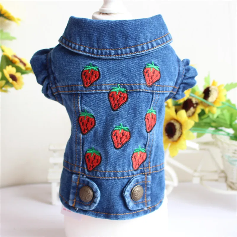 

New Dog Clothes Embroidered Strawberry Jeans Vest Pet Clothes Embroidered Pet Products Large Dog Clothes Dog Winter Coat