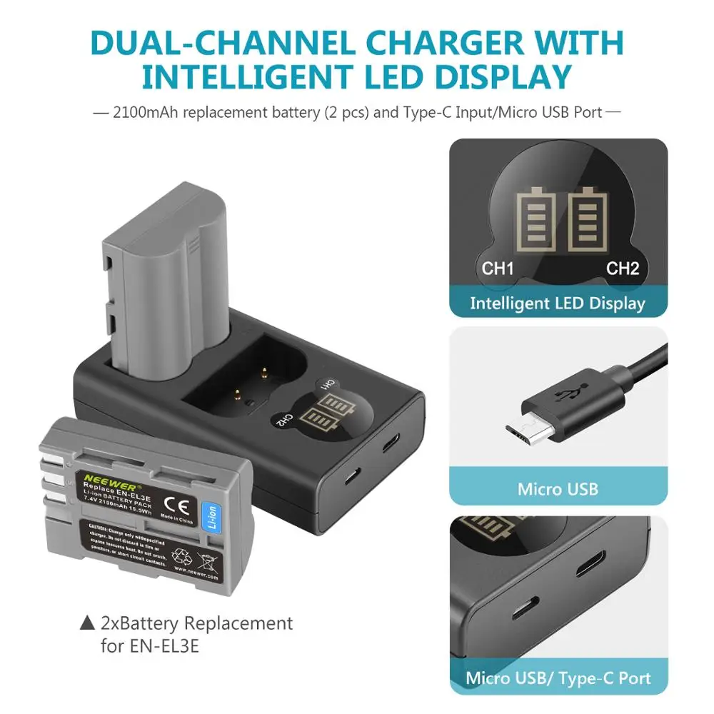 Neewer 2 упаковки 2100 мАч батарея Замена для Nikon EN-EL3e батарея и двойной USB зарядное устройство с ЖК-дисплеем для Nikon D50 D70 D80