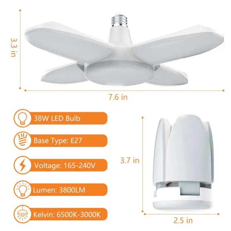 1PCS 38W LED Garage Lights Foldable E27 Bulb 4 Adjustable Fan Blades Deformable Workshop Warehouse Ceiling Lighting