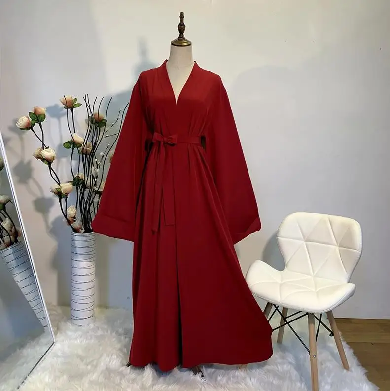 Wine red cardigan Сплошной цвет открытый абаи кимоно Дубай Кафтан Ислам Мусульманский хиджаб платье джилбаб Абая для женщин Кафтан халат турецкая исламская одежда - Цвет: Wine red cardigan