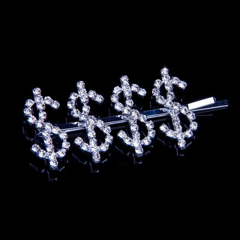 Silver 1 шт. дизайн знак денег элегантные женские Стразы яркие буквы заколки для волос кристалл шпилька для волос аксессуары - Окраска металла: Silver