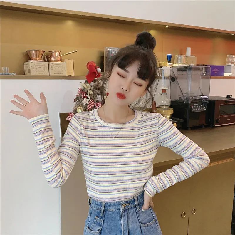 Lychee Harajuku хит цвет радужная полоса женская укороченная футболка Тонкий Вырез Лодочкой женские пуловеры Топы повседневные Весенние футболки тройники