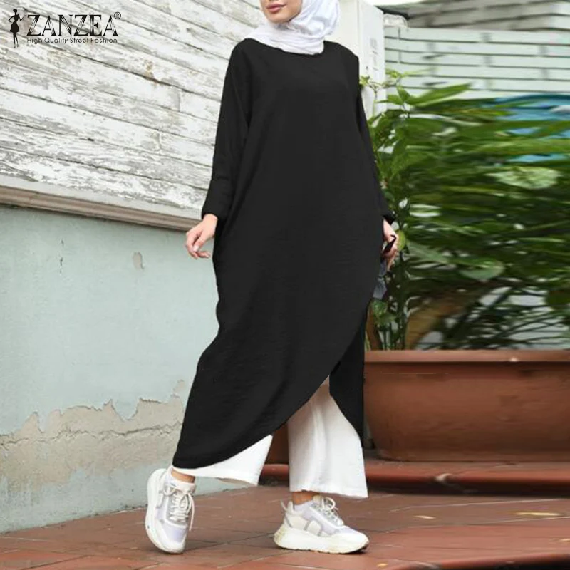 Retro Muslim Dress Womens Asymmetrical Sundress ZANZEA 2020 Casual Long Sleeve Maxi Vestidos Female O Neck Islamic Robe 5XL