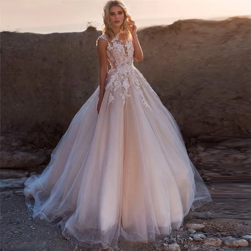 

Boho Beach Wedding Dresses 2020 Jewel Sleeveless Cover Button Back Vestido de noiva Long Lace Appliques Bridal Gowns Custom