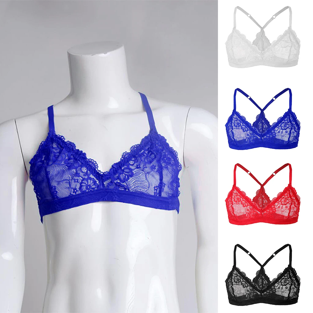 

Sexy Men Bra Sissy Pink Gay Underwear Smooth Fabric Lace Wire-free Bra Top Adjustable Shoulder Straps Sissy Gay Male Bra