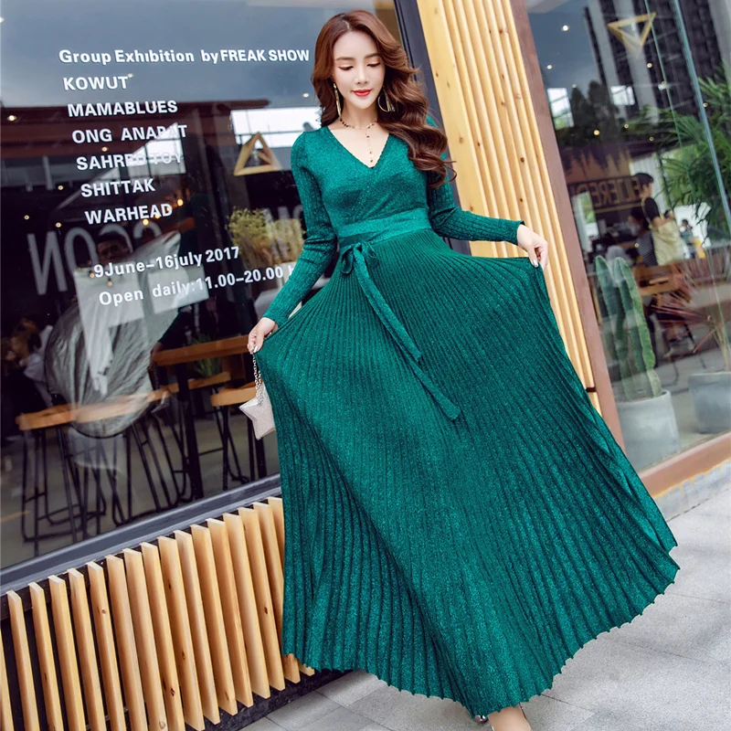 

Luxury 2019 Long Pleated Maxi Women Runway Party Dress Glitter Long Sleeve Deep V Neck Sashes Celebrity Party Dresses Vestidos