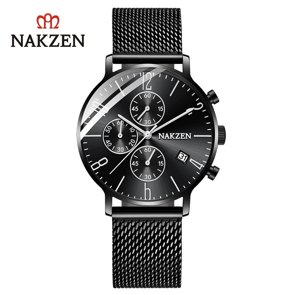 

NAKZEN Simple Business Men's Watch 3 Eyes 6 Pins Calendar 30M Waterproof Steel Mesh Strap New Year Gift for Man Christmas Gift