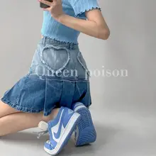 

Y2k Pleated Skirt Denim Female Retro Love Stitch Blue Gradient High-waist Skirts Summer High-waist A-line Women Clothes Bottoms