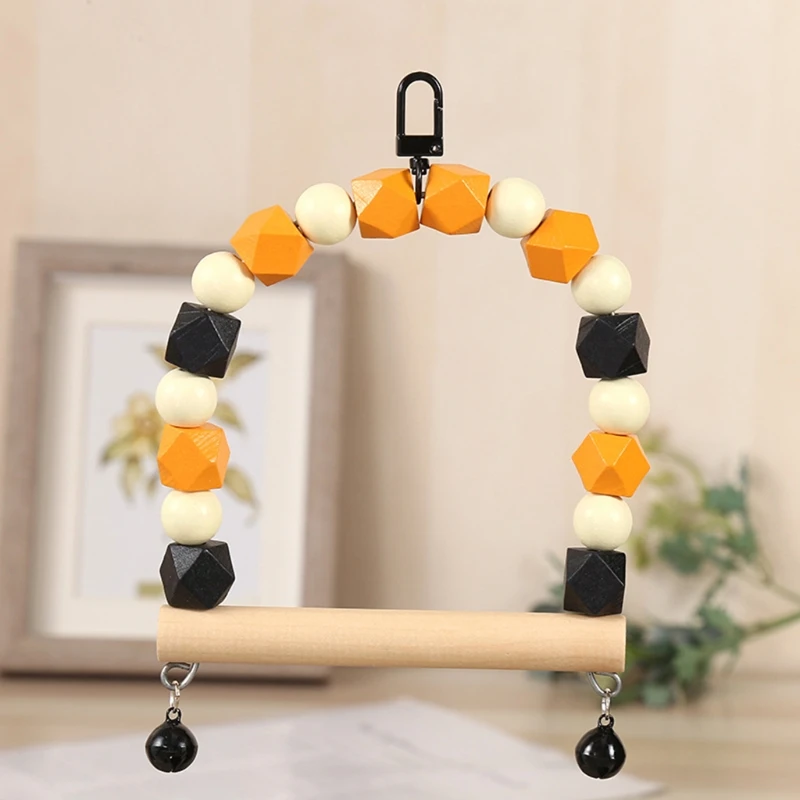 Wooden Bird Swing Parrot Chewing Hanging Perch with Bells Pet Birds Cage Toy for Small Parakeet Lovebird Cockatiel M6CE