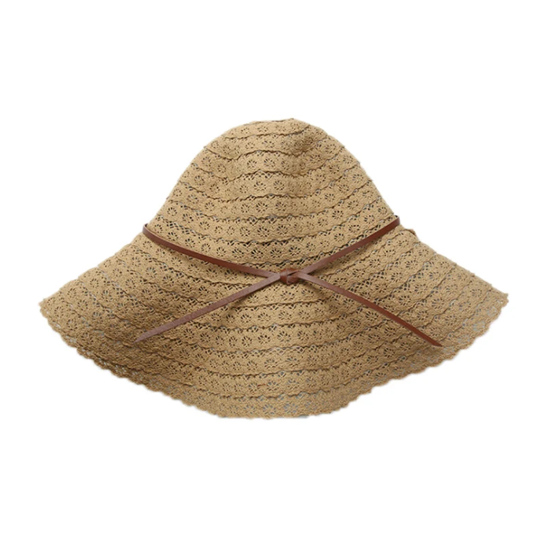 Складные хлопковые пляжные головные уборы с бантом для женщин, модные дизайнерские Элегантные пляжные солнечные шляпы для дам, кружевная полая соломенная шляпа