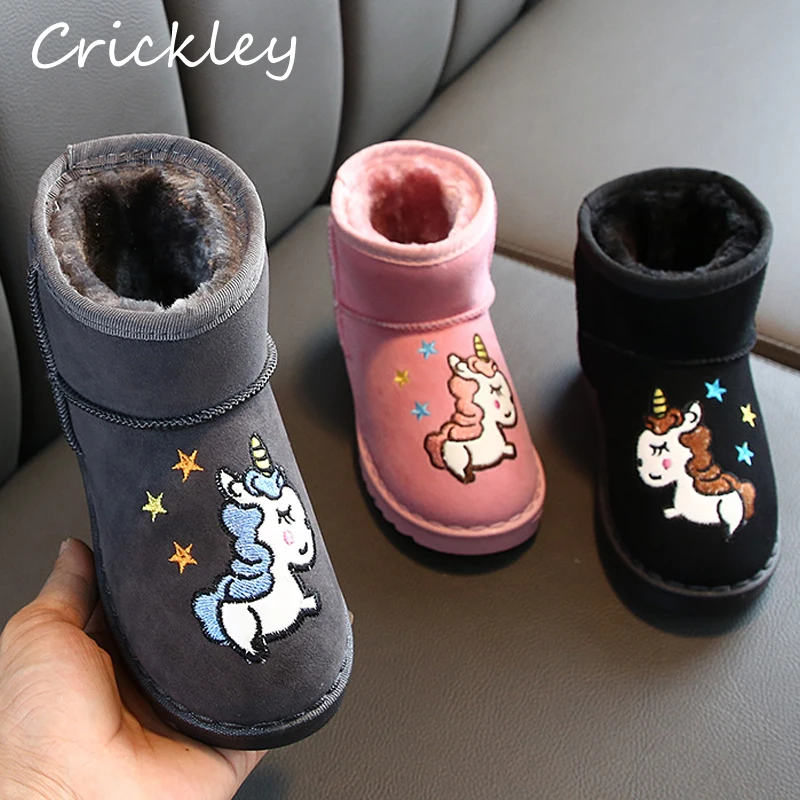 

Girls Winter Boots Colored Suede Cartoon Unicorn Pattern Snow Boots for Girls Fur Thickening Keep Warm Non Slip Children Boots