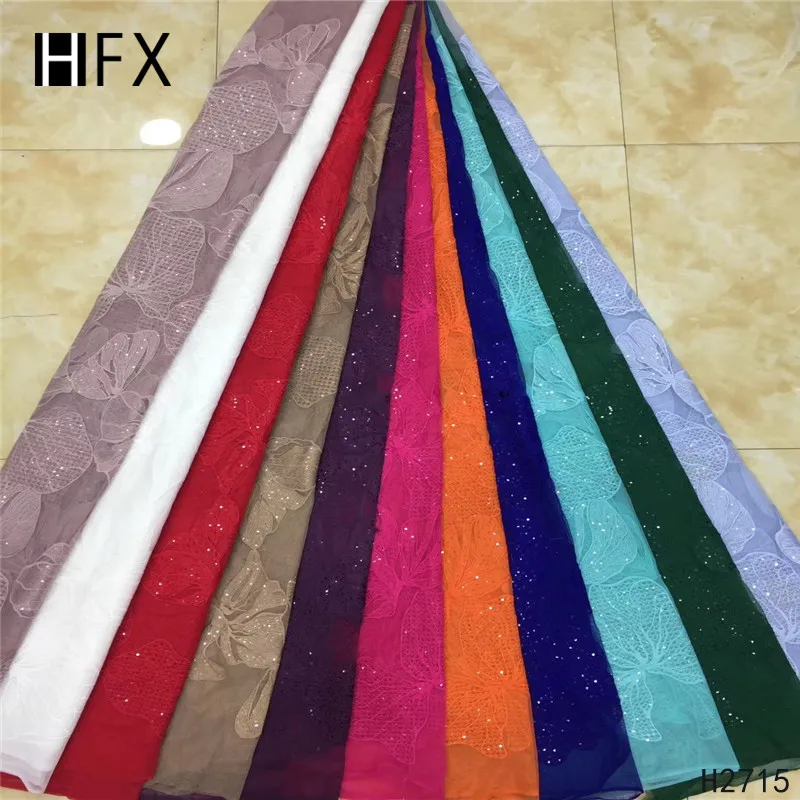 HFX Новое поступление африканская кружевная ткань в нигерийском стиле Высококачественная мятно-зеленая французская Тюлевая кружевная ткань с блестками для платья H2715