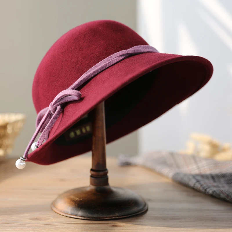 Sedancasesa Осень Зима Женская шапка Cloche женская Англия Ретро австралийская шерсть Felt Hat Bow Ведро для женщин