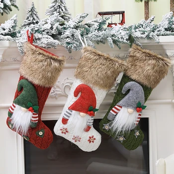 

Christmas Stocking Knitted Socks Santa Claus Candy Bag Xmas Tree Ornament Home Decoration, Red and Green and White