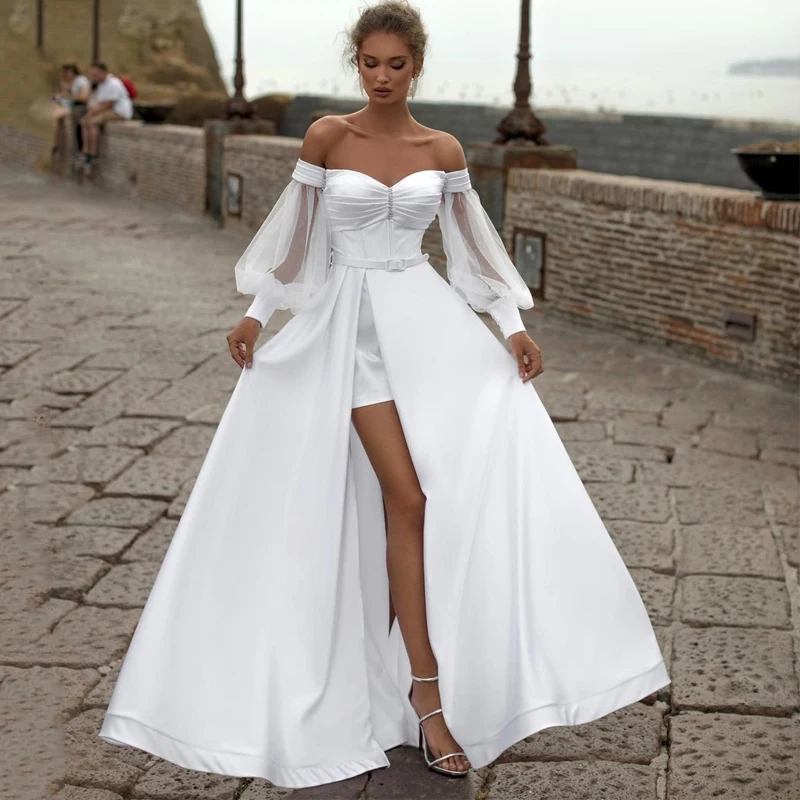 

Eightree 2022 Wedding Dresses Off The Shoulder Bride Dress Sexy Puff Sleeve High Split Princess Wedding Evening Gowns Plus Size