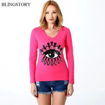 

BLINGSTORY Casual Long Sleeve Oversized T-shirt Cotton Embroidery Sequin Eye Plus Size Women Top S-6XL