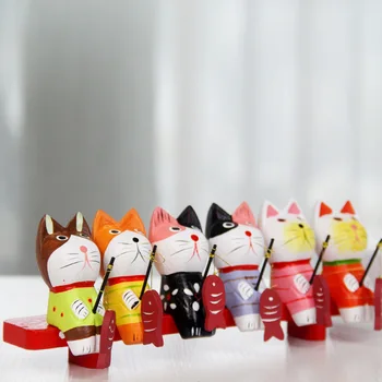 

1Set Wooden Cat Decoration Art Craft Japanese Style Home Decoration Cute Animal Ornament 6PCS Mini Wood Cat Room Accessories