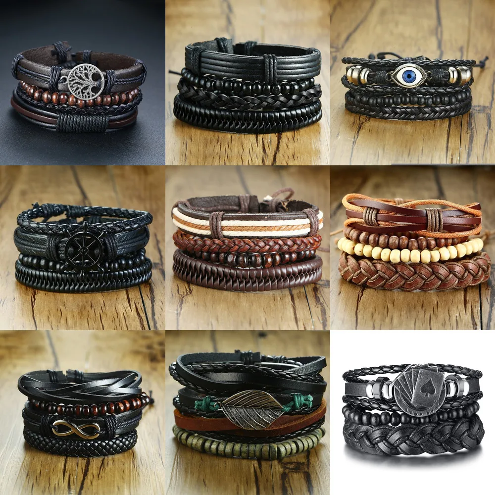 Vnox 4Pcs/ Set Braided Wrap Leather Bracelets for Men Vintage Life Tree Rudder Charm Wood Beads Ethnic Tribal Wristbands