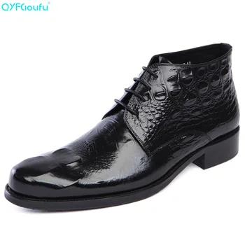 

QYFCIOUFU New Fashion Men Ankle Boots Genuine Leather Handmade Short Dress Boots Crocodile Pattern Round Toe Chelsea Boots Shoe