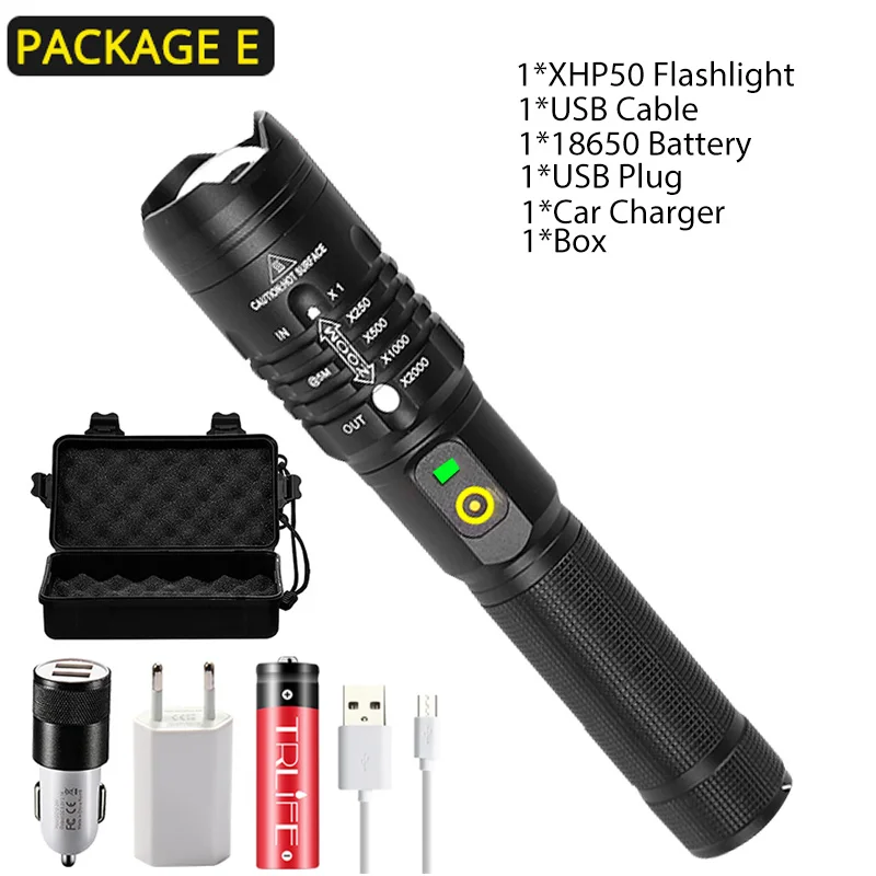 Package E 8000lms мощный светодиодный фонарь XHP50.2 перезаряжаемый фонарь с USB зумом, фонарь для кемпинга, охоты, с батареей 18650 26650 - Испускаемый цвет: Package E